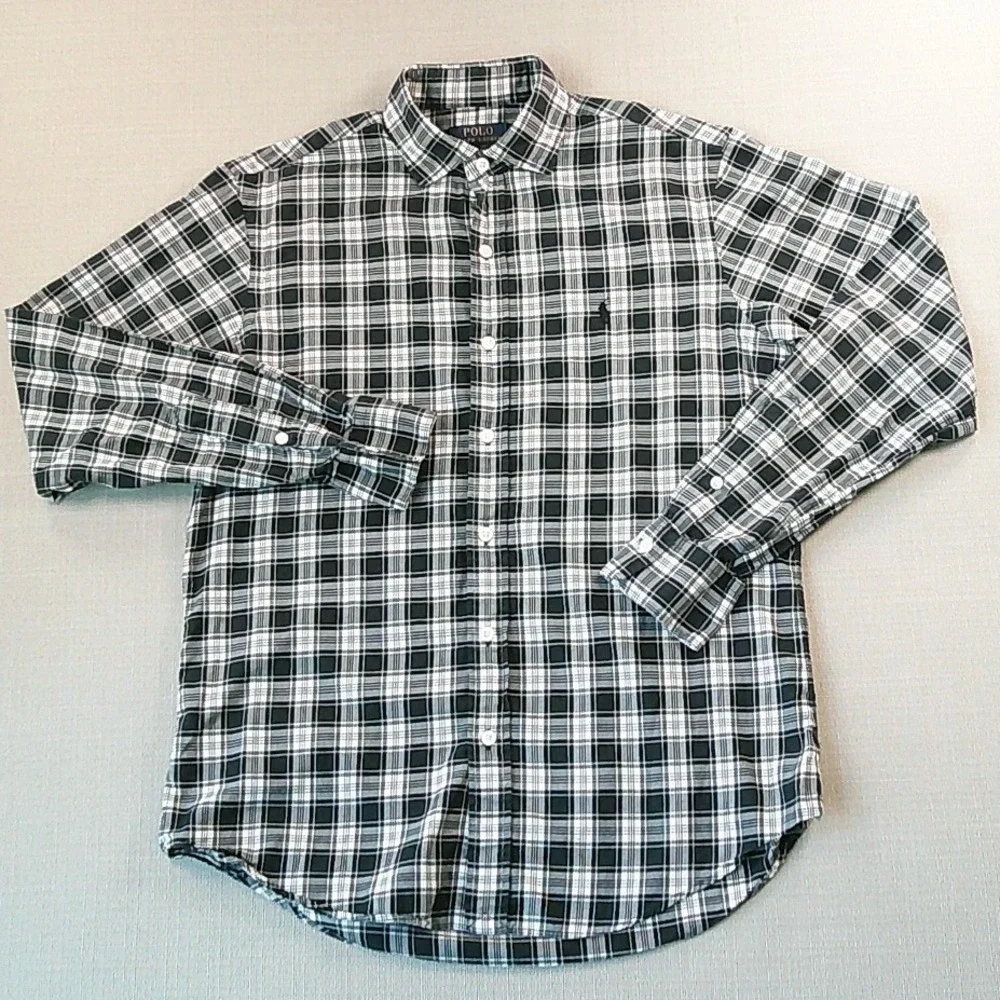 Polo Ralph Lauren Button Down Shirt Mens Medium Black White Plaid Long Sleeve
